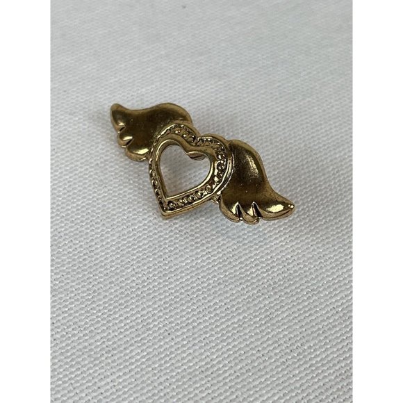Vintage Signed Marci Winged Open Heart Angel Wings Gold Tone Lapel Pin - Picture 3 of 7